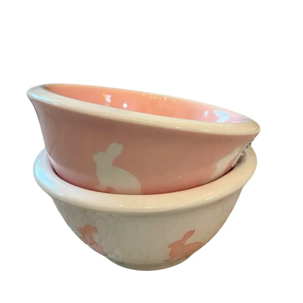TERRAMOTO CERAMIC Pink & White Bunny Tidbit Bowls Set of 2 Easter Decor New